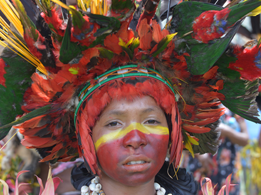 Fotografi af lokal person fra Papua New Guinea iført farvestrålende ansigstmaling og hovedbeklædning med fjer. 